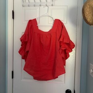 Melon color, Short ruffle sleeved top with Square neck. 2X. Very soft and nice